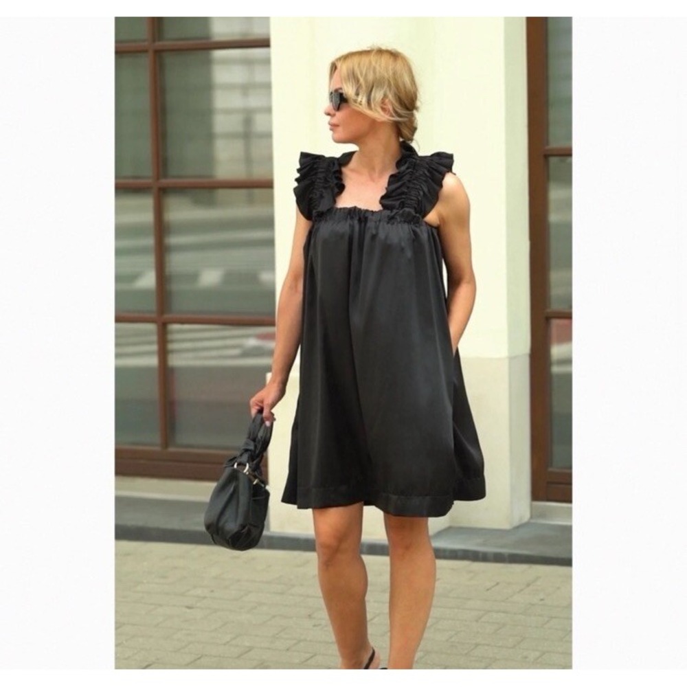 Monica Nera Maya Mini Dress Womens Large Black Ruffle Sleeves Cotton Casual Boho